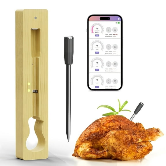 Smart Bluetooth Bamboo Wireless Meat Digital Thermometer for Grill, Oven, Air Fryer, Kitchen, BBQ, Perfect for Steak Chicken Turkey and More Delicious Recipes, Digital Cooking Thermometer with Apps
