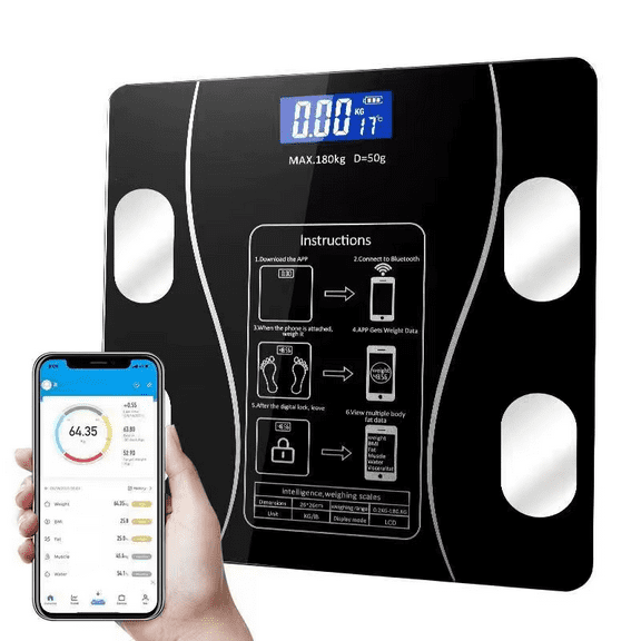 Smart Bluetooth Body Fat Scale, Digital Bathroom Scale with LCD Display, 12 Body Metrics, 400 lb Capacity, Black