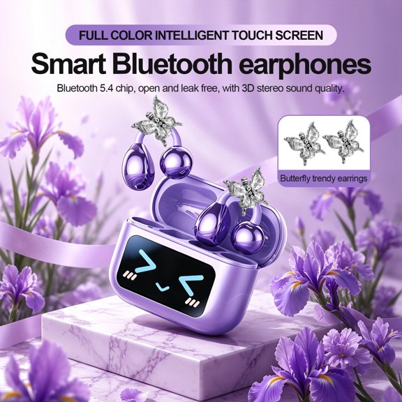 Smart Bluetooth Earbuds with Touch Screen Case, Bluetooth 5.4 Wireless Earbuds, Noise Reduction Stereo Sound, Butterfly Design Earphones
