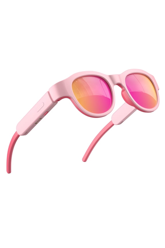 Smart Bluetooth Sunglasses for Kids, Polarized UV Protection, Open Ear Audio, Hands-Free Calls (Pink)