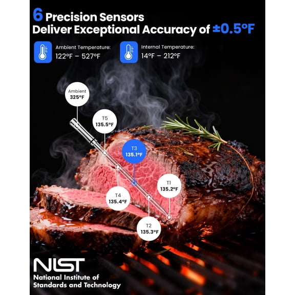 Smart Bluetooth Wireless Meat Thermometer: Standalone Base, WiFi Unlimited Range, 6 Sensors with NIST Certified Accuracy, for iOS and Android, for Kitchen, BBQ, Grill, Oven, Smoker
