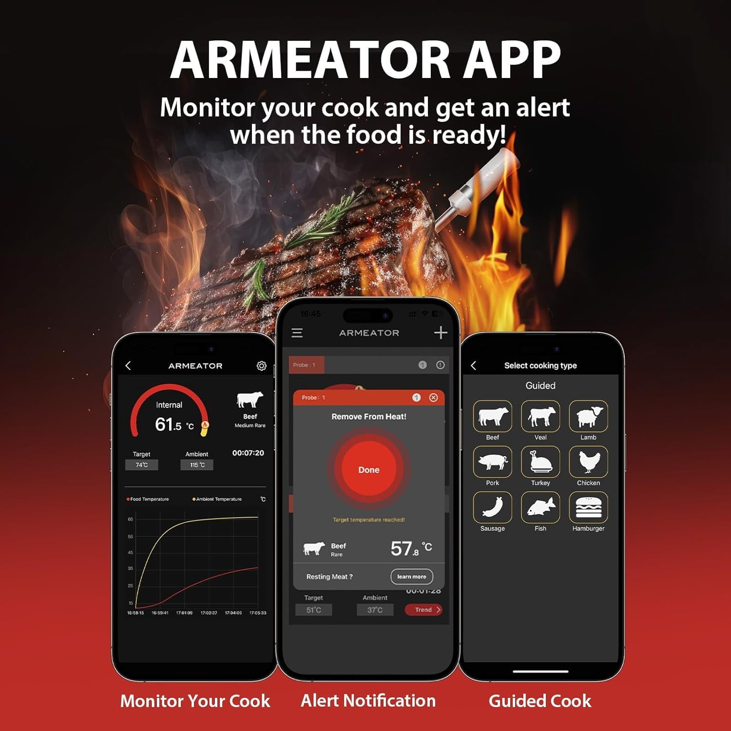 Smart Meat Thermometer with App | Wireless Digital Food Thermometer for Grill BBQ Smoker Air Fryer Oven |  Read Dual Sensor Probe with Bluetooth 5.2
