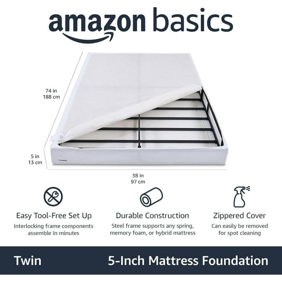 Smart Box Spring Bed Base, 5-Inch Height Mattress Foundation, Tool-Free Easy Assembly, Twin, 74"L x 38"W x 5"H, White