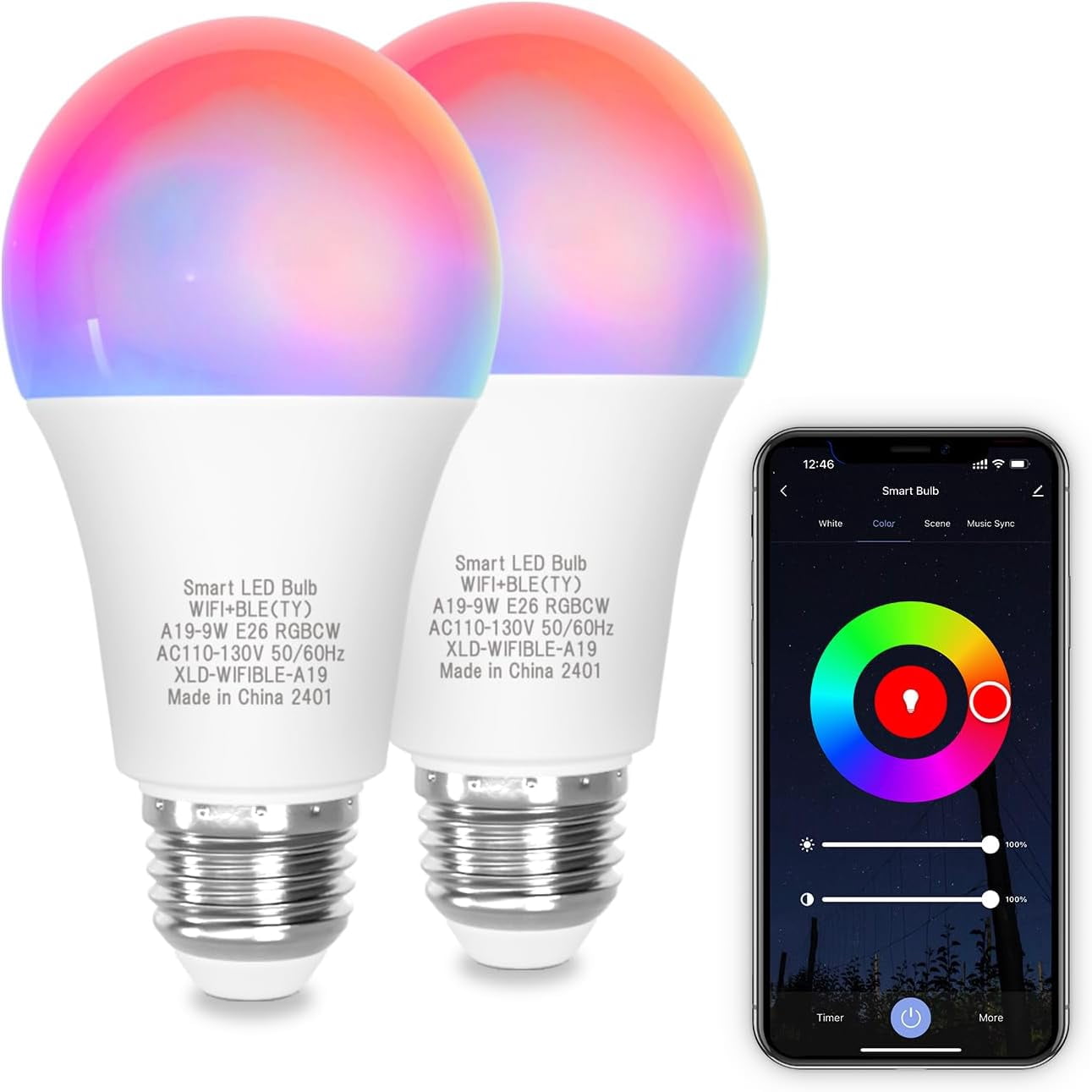 Smart Bulb 40 Watt, Dimmable Color Changing, 2 Pack Work with Alexa ...