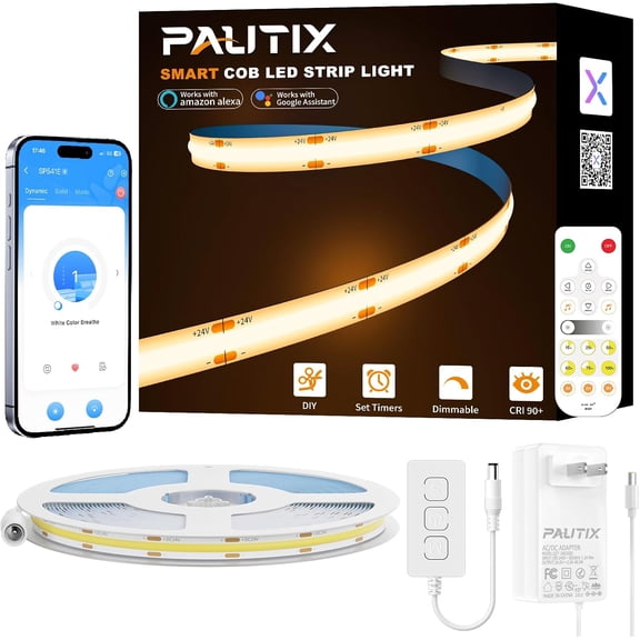 Smart COB LED Strip Light 32.8ft/10m,Warm White 2700K LED Strip,Compatible with Alexa/Google Assistant,Dimmable 24V LED COB Light Strip Kit for Kitchen,Bedroom,Cabinet,Living Room,Office