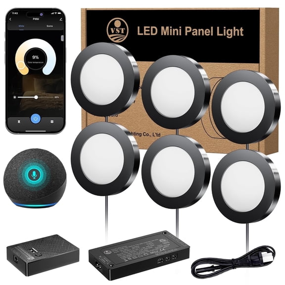 VST Smart Under Cabinet Lighting Work with Alexa Google Assistant App Remote Control, Recessed or Surface Mount 12V 2W/Pc Puck Light for Kitchen Under Counter, 6 Pack 3000K~6000K