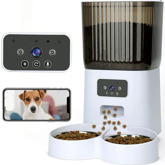 Smart Camera Automatic Cat Feeder for 2 Cats, 5L Food Dispenser with 2 Stainless Steel Bowl,Timed Programmable 1-6 Meals Control, Dual Power Supply,10s Meal Call, APP Control