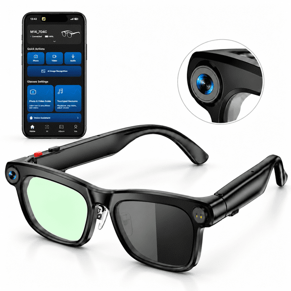 Smart Camera Glasses, 1080P HD Video Recording, AI Real-Time Translation, Bluetooth 5.4 Open Ear Audio for Travel Work