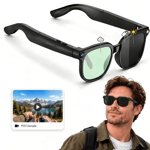 Smart Camera Glasses, 8MP Sensor HD Video, AI Translation, Bluetooth 5.3 Open Ear Audio with TR90 Frame