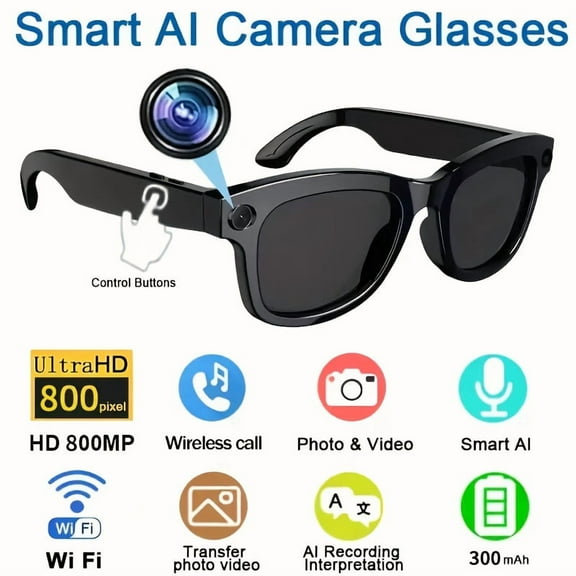 Smart Camera Glasses with 8MP Ultra-Wide Camera HD 1080P, Blue Light Blocking, AI Voice Control, 4H Playtime, Wi-Fi/Bluetooth 5.4 for HD Video & Immersive Audio