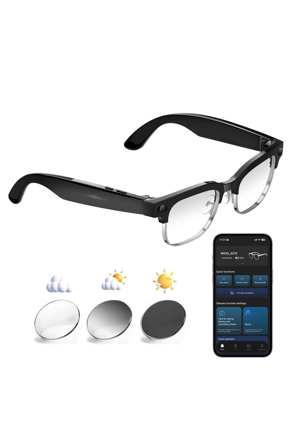 Smart Camera Glasses with Video & Photo Capture, AI Translation, Hands-Free Calls & Music, Voice Recorder, Auto-Tint Photochromic UV Protection Lenses