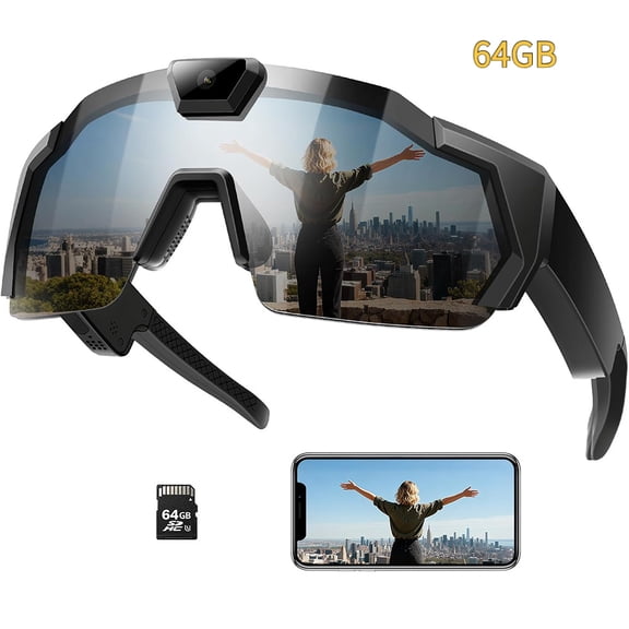 Smart Camera Glasses for Action, HD Video Recording Glasses with 64GB Memory, Action Audio Camera Fashion Glasses for Men Women Outdoor(Black)