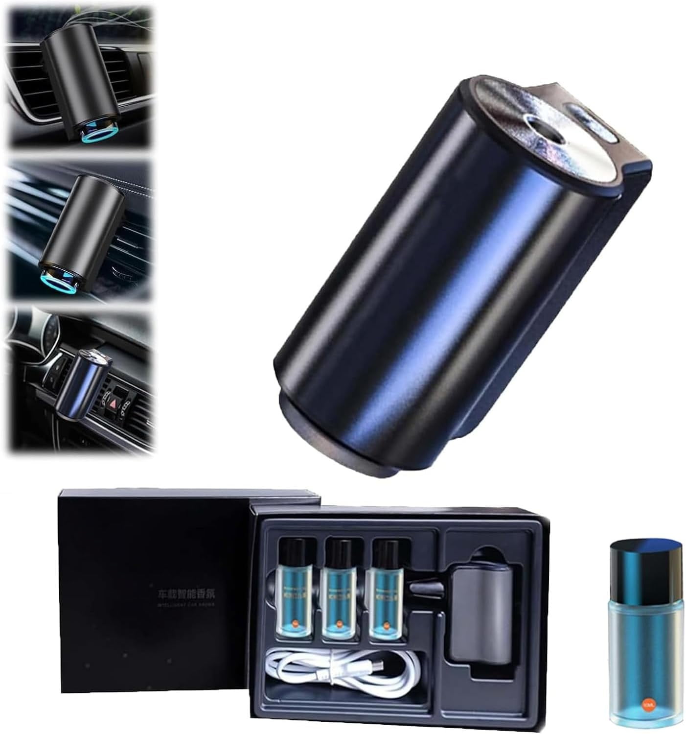 Smart Car Air Freshener with Three Adjustable Intensity Levels,Smart Car Air Freshener Diffuser Rechargeable,Car Air Freshener Vent Clips with 1/3pc Essential Oils (3pcs Oils + Diffuser)