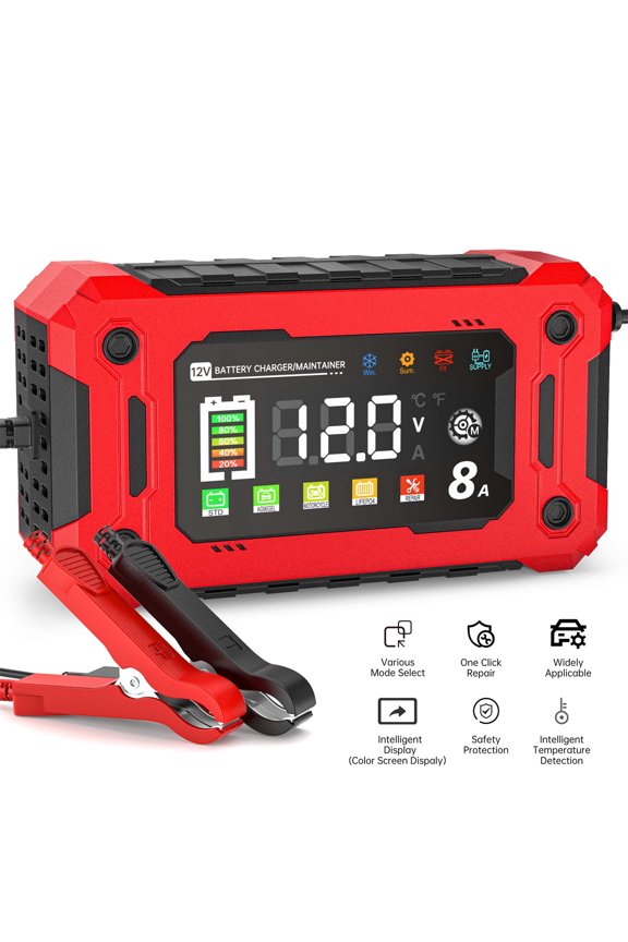 Smart Car Battery Charger, 12V/8A Battery Charger with Increase Color&Touch Screen Display, Temperature Compensation Auto Stop Trickle Charger, Battery Maintainer w/ Multi Modes for Car and Boats