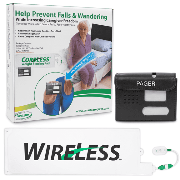 Smart Caregiver Wireless Bed Pad Alarm System with Weight Sensor and Pager for Fall Prevention | 10" x 30" Alarm Pad for Bed Alerts Medical Caregiver | Cordless Bed Alarm with Up to 300' Range