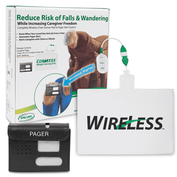 Smart Caregiver Wireless Chair Alarm System with Pager and Weight Sensor for Fall Prevention | 10" x 15" Pressure Sensor Alarm for Chair Alerts Caregiver | Cordless Chair Alarm with up to 300' Range