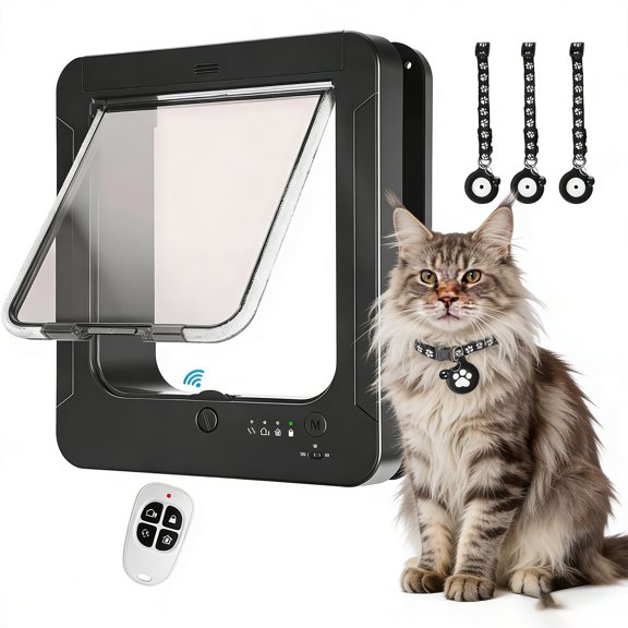 Smart Cat Door for Interior & Exterior, Cat Pet Door with 3 Collar Sensor Keys & 1 Remote Control & 4 Way Locking Cat Flap with RFID Collar Activated Opening Cat Door (Black)