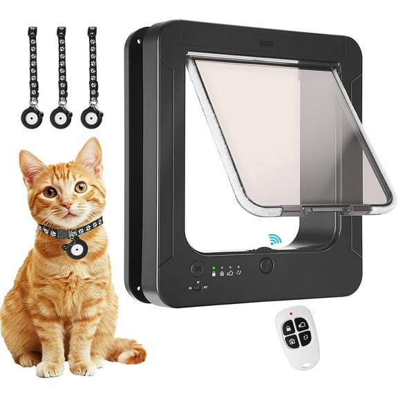 Smart Cat Door for Interior & Exterior, Cat Pet Door with 3 Collar Sensor Keys & 1 Remote Control & 4 Way Locking Cat Flap with RFID Collar Activated Opening Cat Door (Black)
