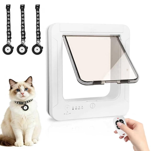 Smart Cat Door for Interior & Exterior, Cat Pet Door with 3 Collar Sensor Keys & 1 Remote Control & 4 Way Locking Cat Flap with RFID Collar Activated Opening(White)