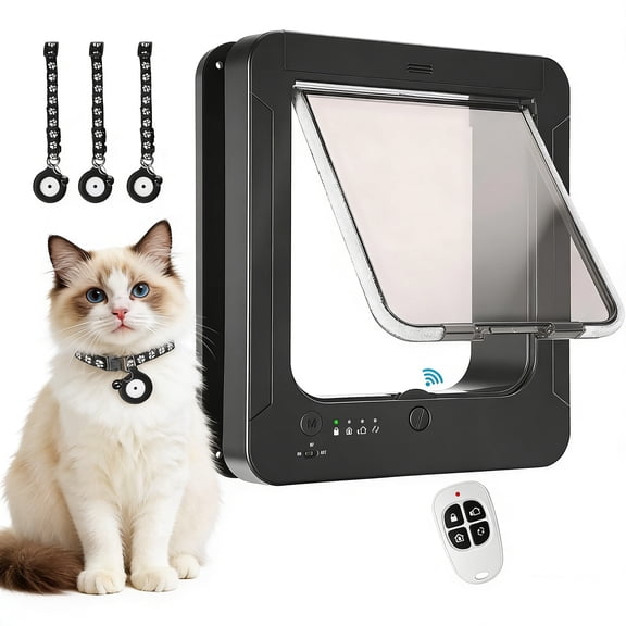 Smart Cat Door for Interior & Exterior, Cat Pet Door with 3 Collar Sensor Keys & 1 Remote Control & 4 Way Locking Cat Flap with Rfid Collar Activated Opening