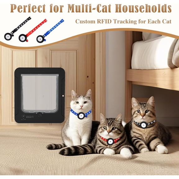 Smart Cat Door for Interior & Exterior, Flap Opening is 7.67 (H) by 7'' (W), RFID Cat Pet Door with 3 RFID Collar Sensor Keys & 1 Remote & 4 Way Locking Cat Flap, Automatic Opening Cat Door (Black)
