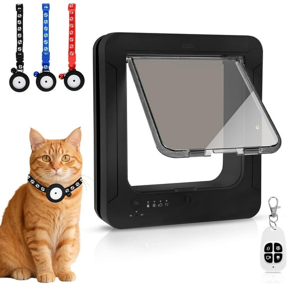 Smart Cat Door for Interior & Exterior, Microchip Cat Pet Door with 3 Collar Sensor Keys & 1 Remote Control & 4 Way Locking Cat Flap with RFID Collar Sensor Automatic Opening Cat Door (Black)