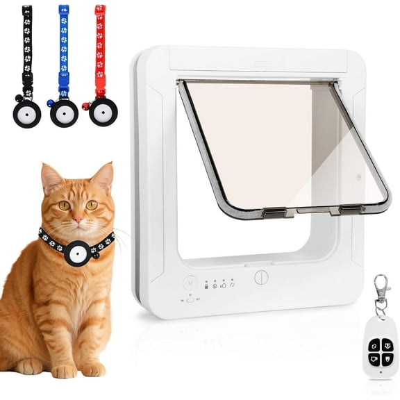 Smart Cat Door, Microchip Cat Pet Door with 3 Collar Sensor Keys 1 Remote Control 4 Way Locking Cat Flap, RFID Collar Sensor Automatic Opening Cat Door, White