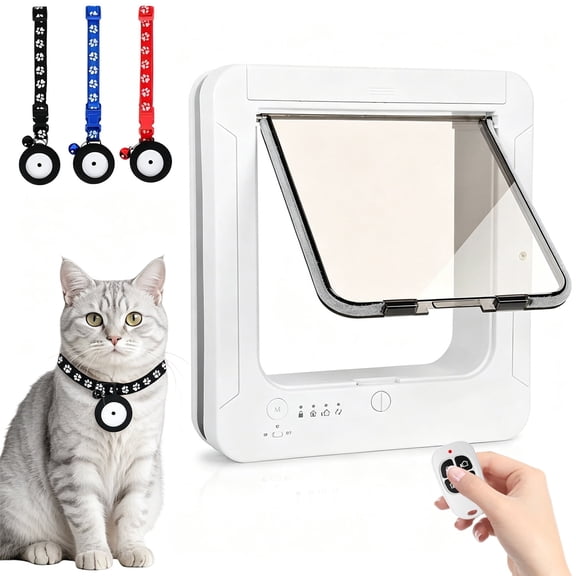 Smart Cat Door for Interior & Exterior, with 3 RFID Collar Sensor Keys & 1 Remote & 4 Way Locking Cat Flap, Automatic Opening Cat Door (White)