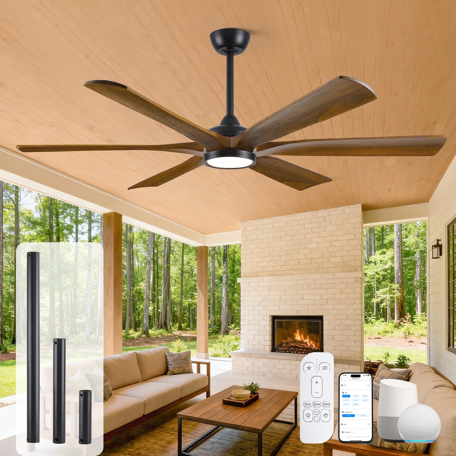 Smart Ceiling Fan 60-inch, Alexa/Tuya App, Modern Farmhouse Damp Rated ...