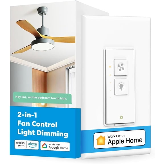 Smart Ceiling Fan Control & Dimmer Light Switch | Works With HomeKit, Alexa, Google, SmartThings, 4-Speed Fan Control, 2.4G Wi-Fi, Neutral Wire Needed, Single Pole