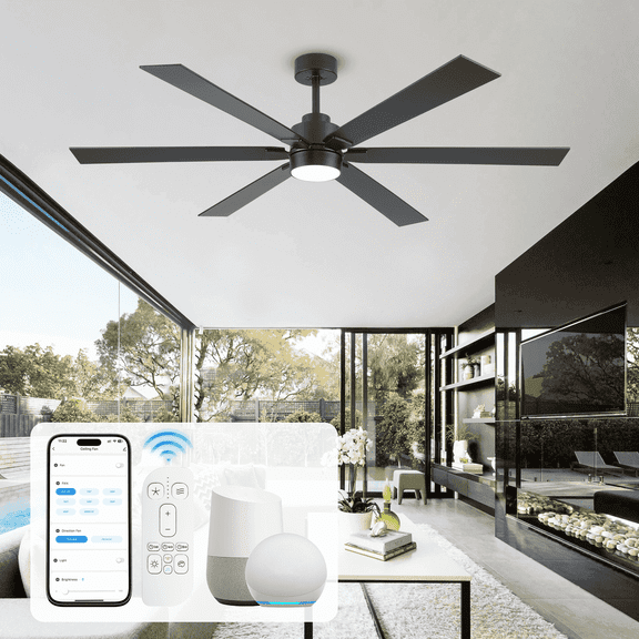 66 inch Smart Ceiling Fans with Light and Remote, Works with Alexa/Tuya App, High Airflow Plywood 6-Blades Modern DC Fan for Indoor Exterior Porch Gazebo Kitchen