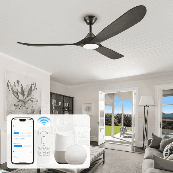 Smart Ceiling Fans with Alexa/App Remote Control, 60 inch Black Wood Ceiling Fans with Lights, Outdoor Fans for Patios Indoor Dining Room 3 Blades, Quiet Reversible DC Motor