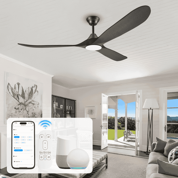 Smart Ceiling Fans with Alexa/App Remote Control, 60 inch Black Wood Ceiling Fans with Lights, Outdoor Fans for Patios Indoor Dining Room 3 Blades, Quiet Reversible DC Motor