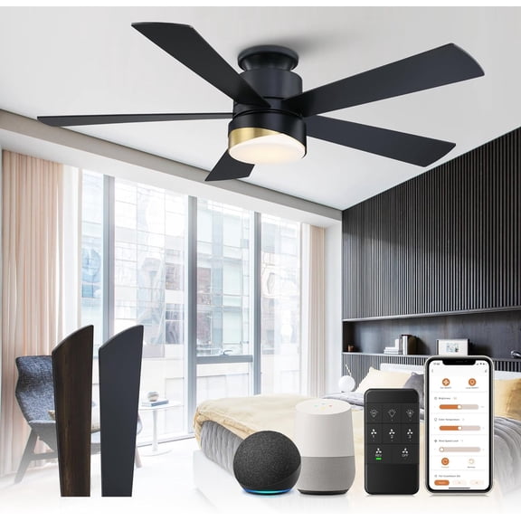 Smart Ceiling Fans with Lights,52 Inch Low Profile Black Ceiling Fan with APP Remote Control Modern LED Chandelier Fan Super Bright Light Design for Indoor Outdoor Use, Compatible with Alexa