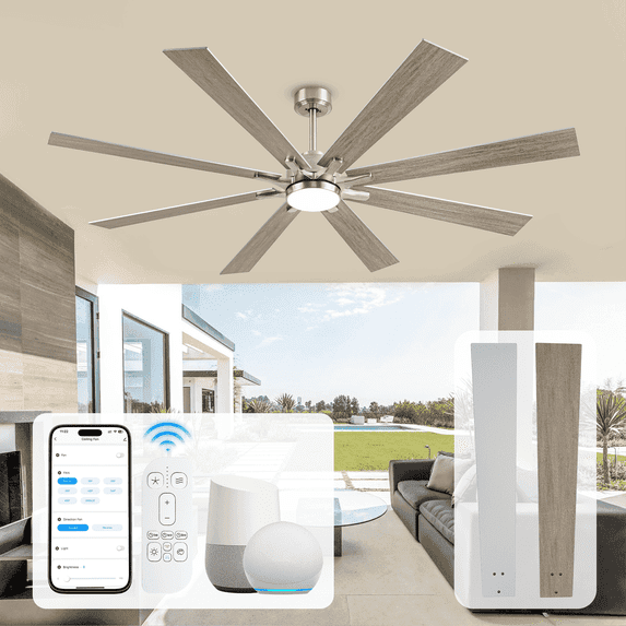 Smart Ceiling Fans with Lights and Alexa/Remote Control, 62" 8 Blades Large Airflow Ceiling Fan Damp Rated for Indoor Outdoor, Quiet DC Motor