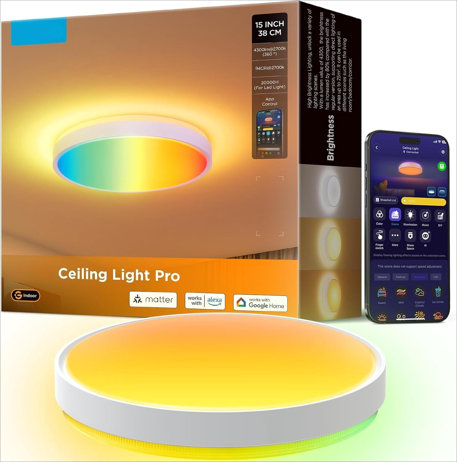 Smart Ceiling Light 4300LM, RGBIC LED Ceiling Light Fixture Works with ...