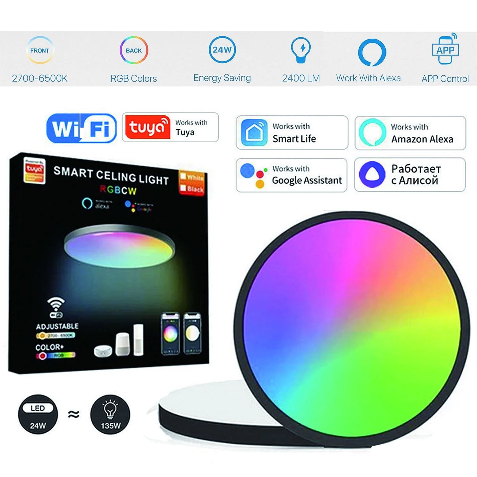 Smart Ceiling Light Flush Mount WiFi, Compatible with Alexa Google Home, RGB Dimmable Ceiling Light Fixture, LED Ambient Light Night Light for Bedroom Living Room Hallway, White