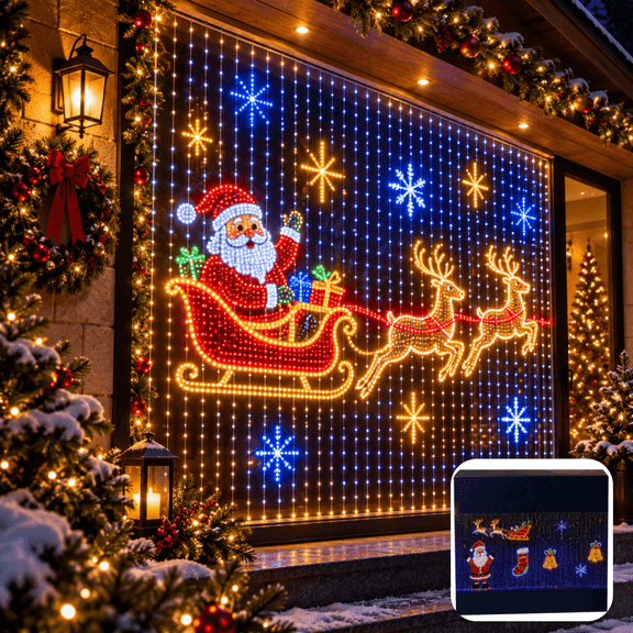 Smart Christmas Curtain Lights with Remote Control, USB Powered Window Hanging String Lights, Santa Reindeer Pattern Holiday Backdrop Decor