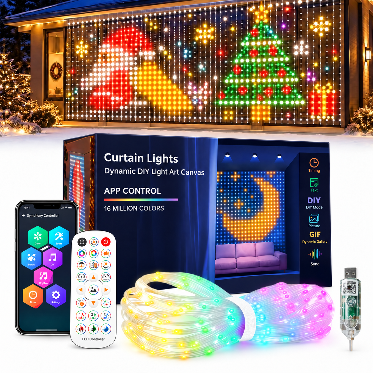 Smart LED Curtain Lights, Merry Pixels Christmas Lights with 400 RGB ...