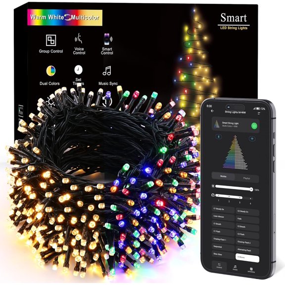 Smart Christmas Lights, 180FT 500 LED Color Changing Christmas Lights with App/Voice Control, Dimmable Warm White & Multicolor Mini Light String, Decorative Xmas Light for Indoor Outdoor Tree