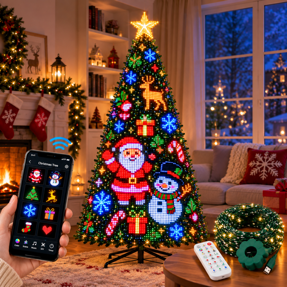 Smart Christmas Tree Lights Controllable via Phone App, 400 addressable LEDs Create 200+ Patterns, Dimming and USB Power