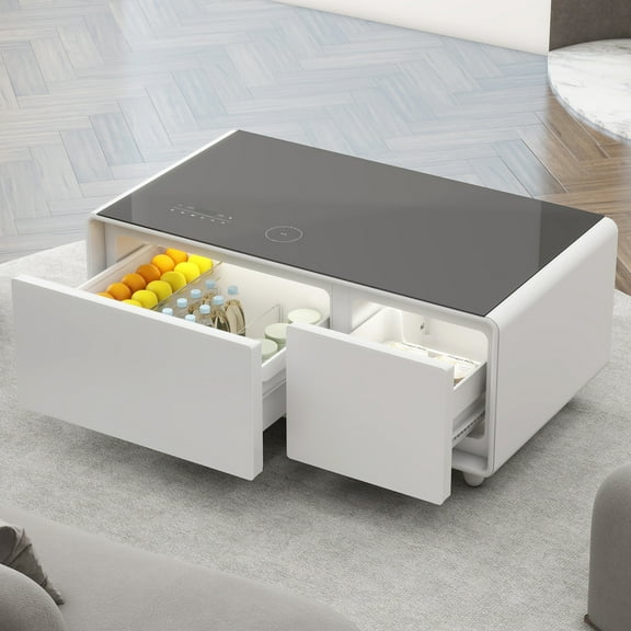 Smart Coffee Table With Dual Refrigerator, Wireless Charging Pad, Speakers, Ports, White Abs, Partitioned Storage, Rectangular Refrigeration, Charging, Sound, Finish