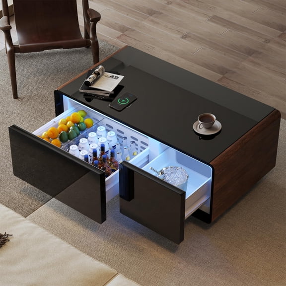 Smart Coffee Table with Fridge, 93L Refrigerated Drawers, Bluetooth Speakers & Wireless Charging, Modern End Table for Living Room with Glass Top, Brown
