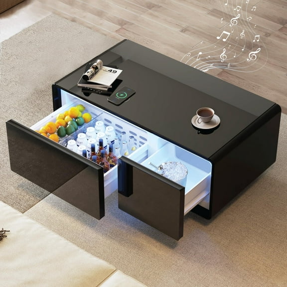 Smart Coffee Table, Living Room Table with Built in Fridge,15W Wireless Charging, USB Chargers and Speakers (Black)