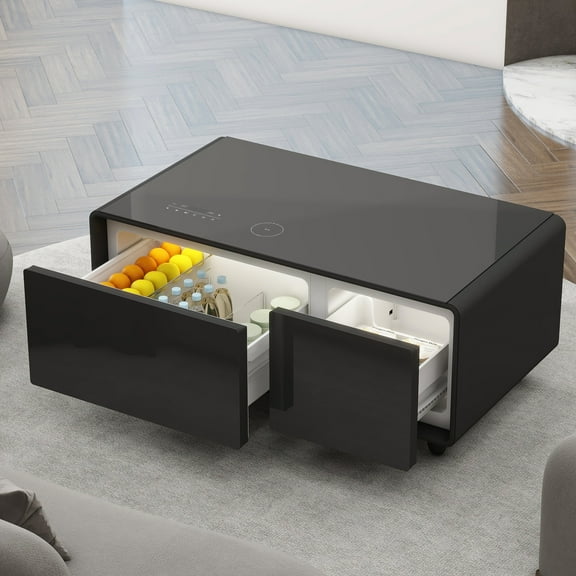 Smart Coffee Table With Dual Refrigeration, Wireless Charging, Speaker, Interface, Black Desk Refrigerated Drawers, Sound, Ports, Luxury Style