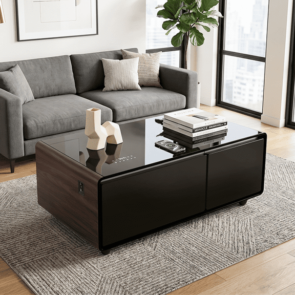 Smart Coffee Table, built-in fridge, Bluetooth speaker, wireless charging, touch control panel, USB ports, outlet protection, atmosphere light, brown