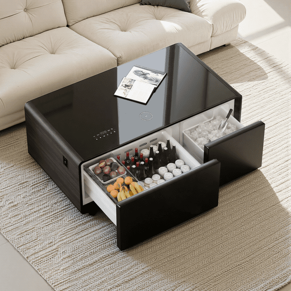Smart Coffee Table with Dual-Drawer Cooling, Freezer Function, Wireless Charging, Bluetooth Speakers & LED Lights – Perfect for Modern Living Spaces