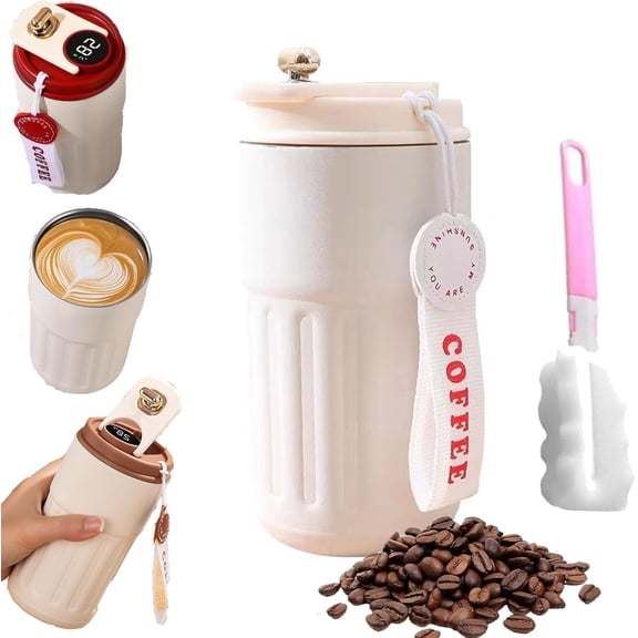 ABPETE Smart Coffee Thermos, Coffee Cup With Temperature Display, Led Temperature Display Coffee Mug Stainless Steel Thermos,15oz Travel Insulated Water Bottle Keeps Hot And Cold For 9 Hours (White)