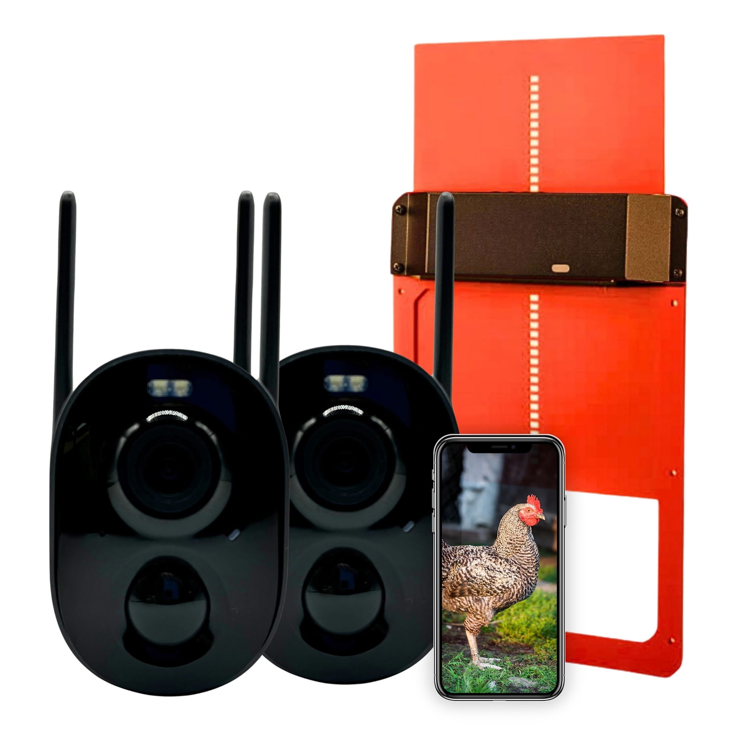 Smart Coop Kit with Black Cameras and Red Automatic Door