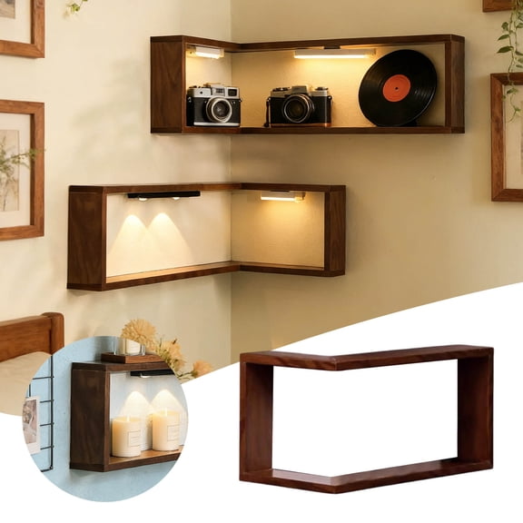 Smart Corner Shelves Light Up Your Space Wall Mounted Corner Display Rack with Wooden Floating Storage for Living Rooms and Bedrooms Space Saving
